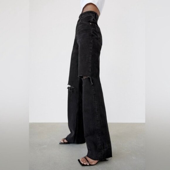 Zara black wide leg ripped knee Jeans Size 6 High Waisted Y2K - Picture 3 of 9
